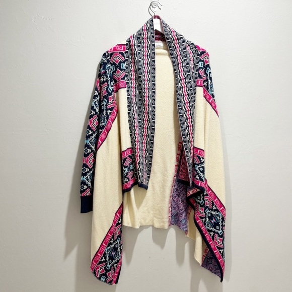 FANTASTIC FAWN Women’s Ivory Blue Pink Open Waterfall Cardigan Aztec Boho Sz M - Picture 1 of 9